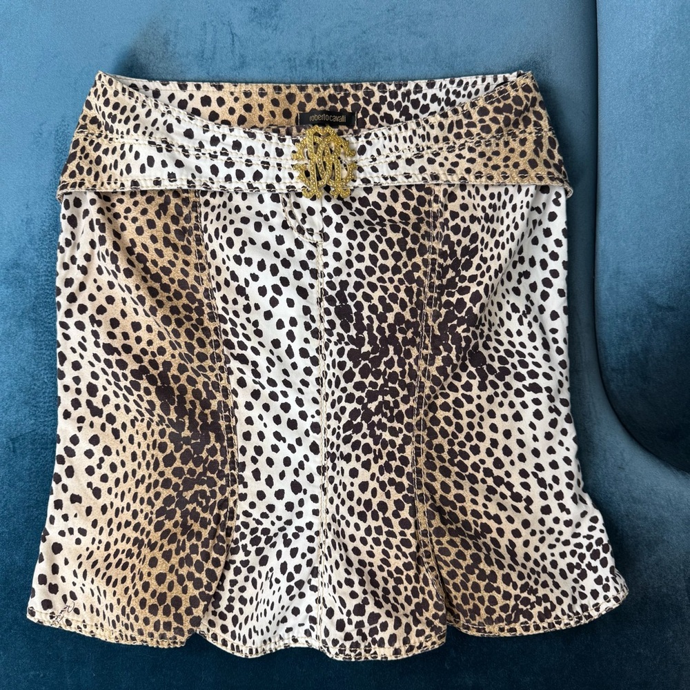 VTG Roberto Cavalli 2005 Leopard Print Mini Skirt with Gold Buckle EU 44/US12